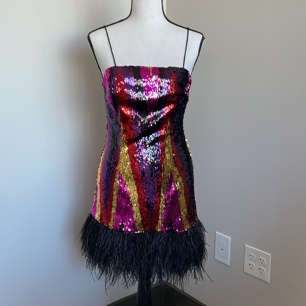 Sequin Party Dress with Feather Hem